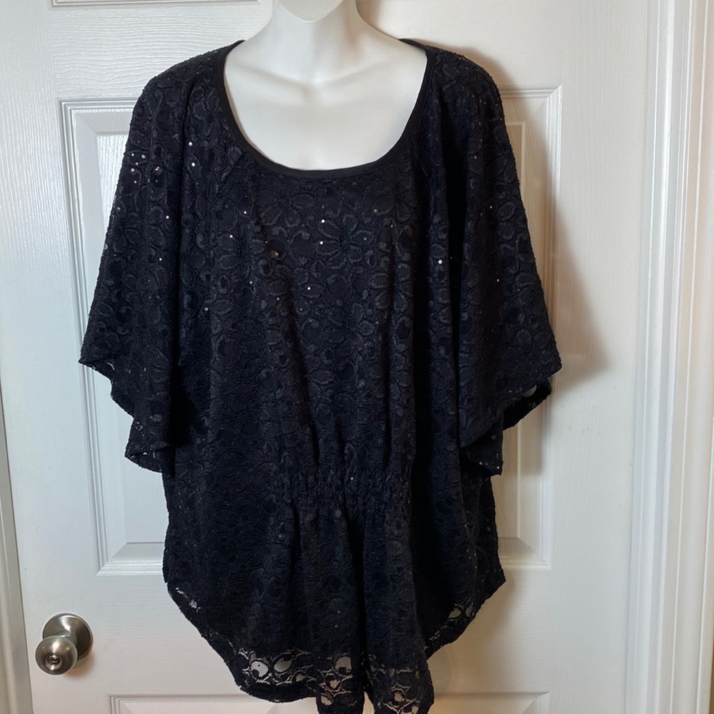 New Direction Women’s Plus Size 3X Black Sparkle Top Floral Lace Scoop Neck